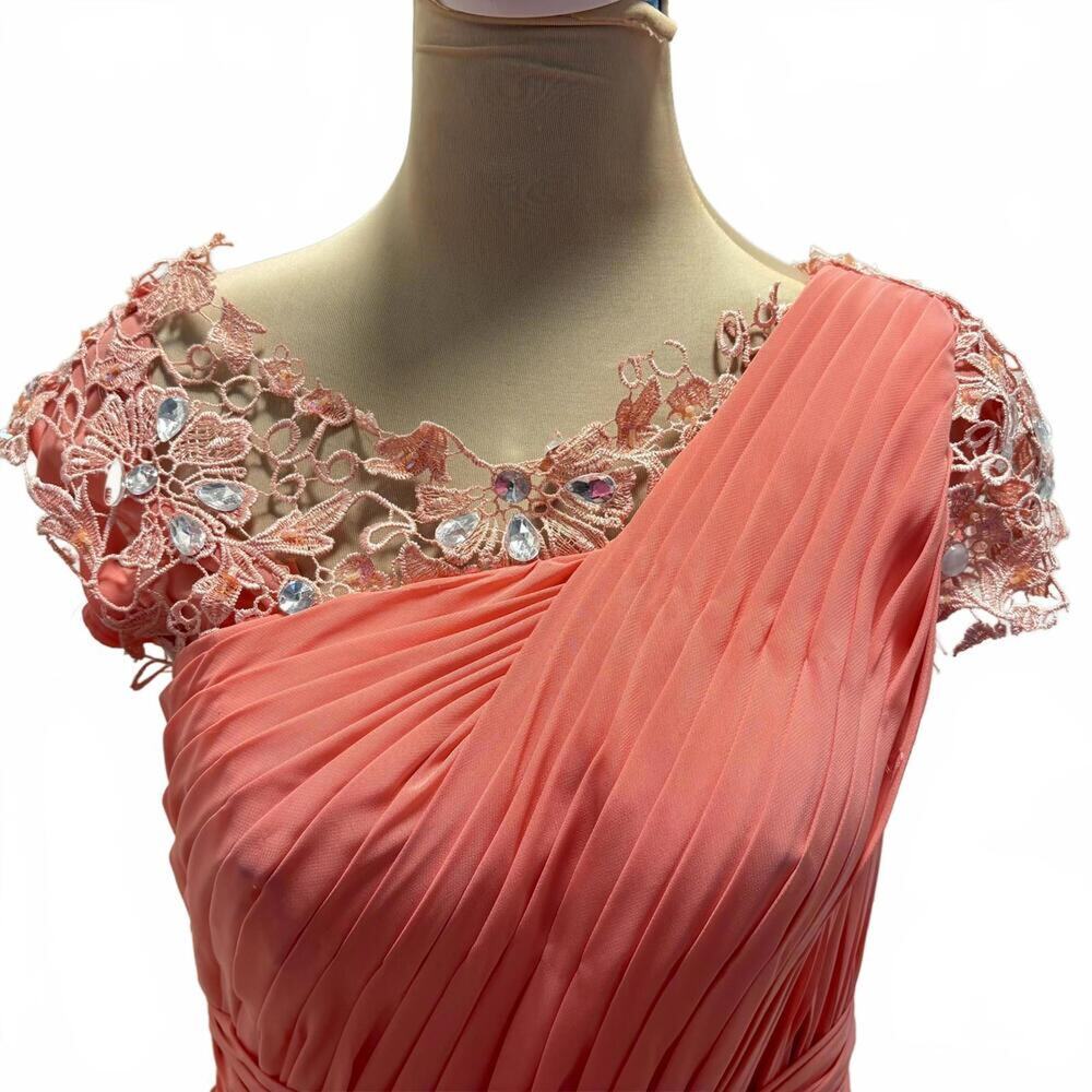 Grecian Coral Rhinestone Lace Pleated Gown Dress Short Sleeve Formal Bridesmaid - Picture 2 of 9